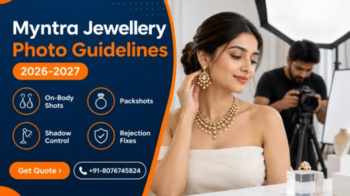 Myntra jewellery photo guidelines banner showing an Indian model in kundan drop earrings and a layered gold necklace in a bright studio while a photographer frames the shot under an octabox, with a navy panel listing on-body shots, packshots, shadow control and rejection fixes