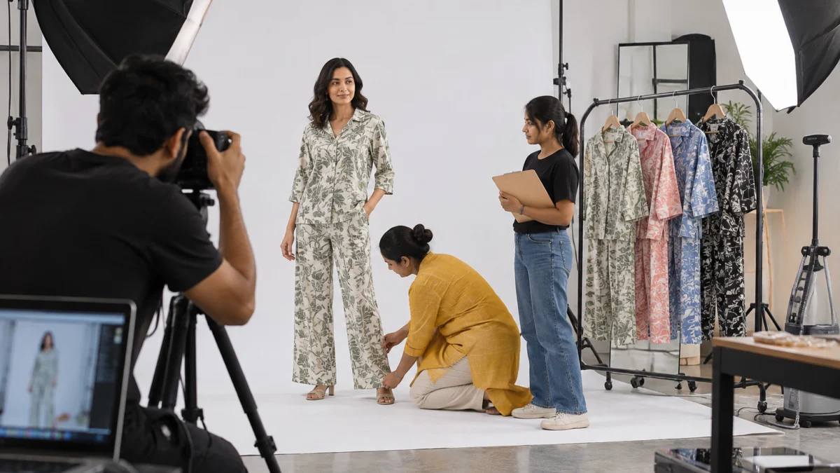 Behind the scenes of a myntra m-now catalogue shoot: a photographer frames a model in a sage printed cotton co-ord set on a white cyclorama while a stylist pins the hem and an assistant with a clipboard stands beside a rack of colour variants