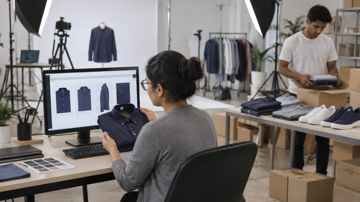 Behind the scenes of colour matching for myntra quick commerce listings: a retoucher holds a folded navy shirt beside a calibrated monitor showing shirt thumbnails while an assistant packs finished shirts and white and navy sneakers into plain boxes