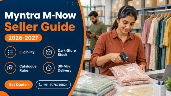 Myntra M-Now seller guide banner showing an Indian woman seller in a rust linen shirt scanning a folded pastel kurta set beside racks of boxed fashion stock, with a navy panel listing eligibility, dark-store stock, catalogue rules and 30-minute delivery