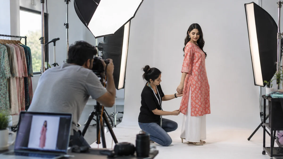 Behind the scenes of fixing myntra image angles required: a photographer in a grey t-shirt shoots the side angle of an Indian model in a coral printed kurti and white palazzo while a kneeling stylist adjusts the hem under large strip softboxes on white seamless paper