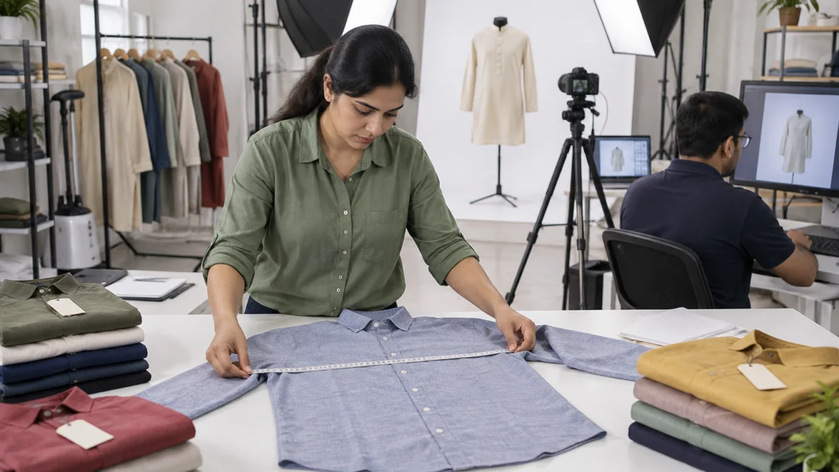 Behind the scenes of fixing a myntra size chart error: a catalogue assistant in a sage green shirt measures a flat-laid light blue menswear shirt with a soft tape on a white table while a retoucher in a navy polo checks a pure white background on a calibrated monitor