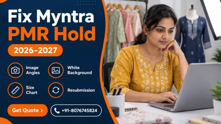 Myntra PMR hold fix banner showing an Indian woman seller in a mustard kurta reviewing garment photos on a laptop beside a pastel kurti rack and an indigo kurta on a ghost mannequin, with a navy panel listing image angles, white background, size chart and resubmission