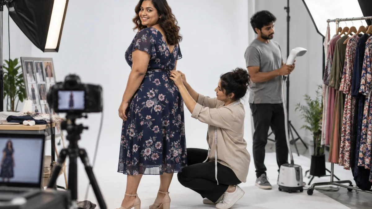 Behind the scenes of plus size clothing photography fit styling: a stylist kneels to adjust the back waist of a navy floral midi dress on a smiling curvy Indian model while an assistant holds a garment steamer beside a rack of printed plus-size dresses under large softboxes