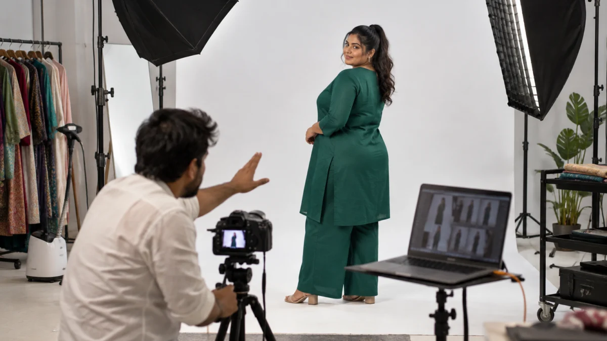 Behind the scenes of a curvy model photoshoot: a photographer shooting from low waist height directs an Indian plus-size model in an emerald green kurta and palazzo co-ord set into a back three-quarter turn under a strip softbox, with a tethered laptop beside the set