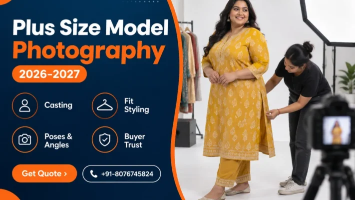 Plus size model photography banner showing a smiling curvy Indian model in a mustard printed kurta set posing under an octabox while a stylist adjusts the hem, with a navy panel listing casting, fit styling, poses and buyer trust