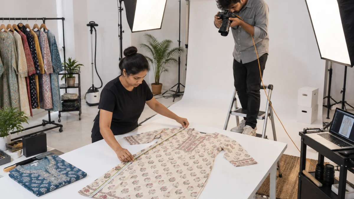 Behind the scenes of a Meesho catalogue shoot to reduce size issue returns: a stylist measures a flat-laid printed cotton kurti with a cloth tape while a photographer frames it from overhead on a step ladder under softboxes