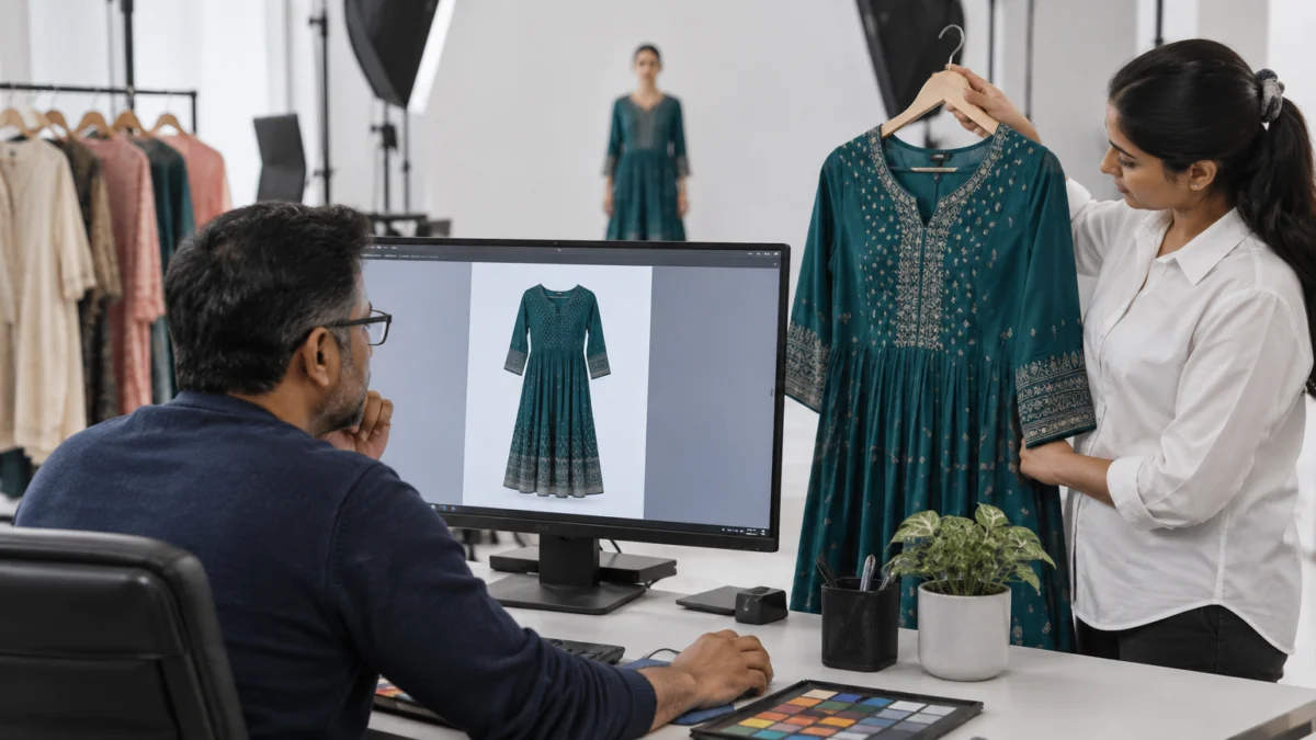 Behind the scenes of colour matching to cut Meesho wrong product returns: a retoucher compares a teal anarkali kurta on a calibrated monitor with the real garment held up by an assistant under daylight lighting