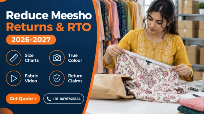 Meesho returns guide banner showing an Indian woman seller checking a returned printed kurti with a measuring tape at a packing table, with navy panel listing size charts, true colour photos, fabric video and return claims to reduce Meesho returns and RTO