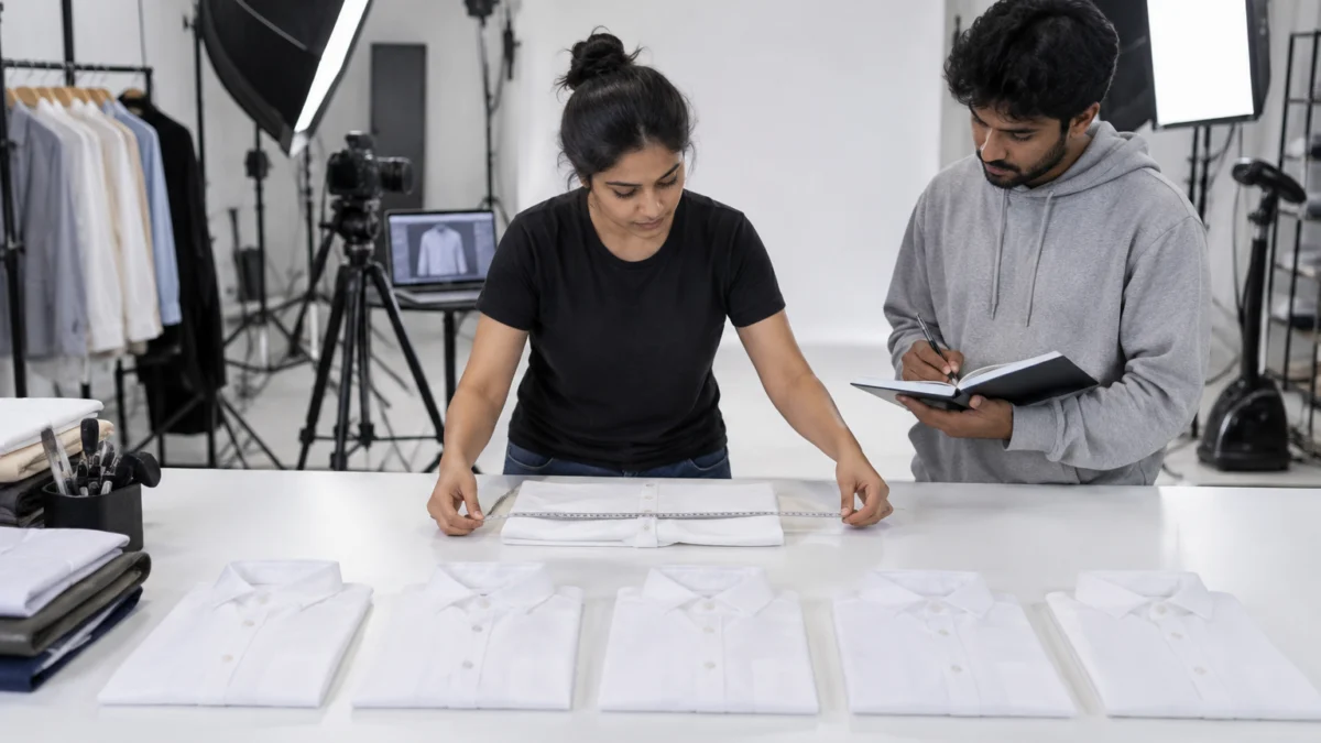Behind the scenes of preparing an amazon fashion size chart: a stylist in a black t-shirt measures the chest width of a folded white cotton shirt with a cloth tape while an assistant in a grey hoodie notes the measurements, with a row of the same shirt in several sizes on a white studio table