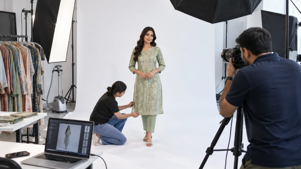Behind the scenes of an amazon india fashion seller shoot: a photographer in a navy polo captures a full-length front view of a model in a sage green embroidered kurta set on a white cyclorama while a stylist kneels to straighten the hem