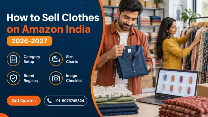 How to sell clothes on Amazon India banner showing a young Indian clothing brand founder checking the size label of a folded indigo kurta beside a garment rack and laptop in a bright apparel warehouse, with a navy panel listing category setup, size charts, brand registry and image checklist