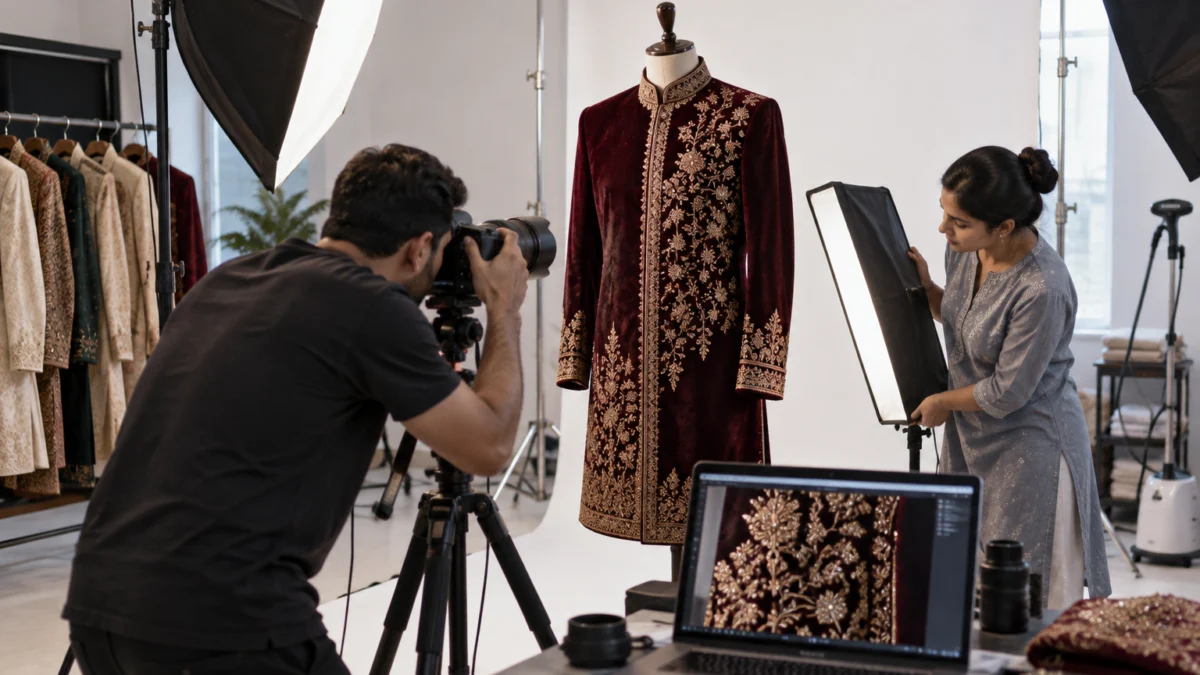 Behind the scenes of embroidery close up photography for sherwani photography: a photographer with a macro lens shoots zardozi work on a maroon velvet sherwani on a dress form while an assistant rakes light across it with a strip softbox