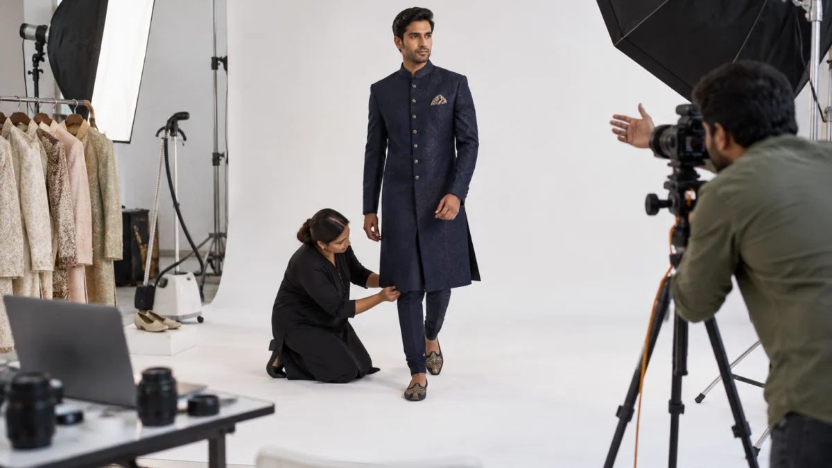 Behind the scenes of a sherwani model photoshoot: a stylist straightens the hem of a navy indo western sherwani on a male model while the photographer directs a walking pose under a large octabox on a white cyclorama