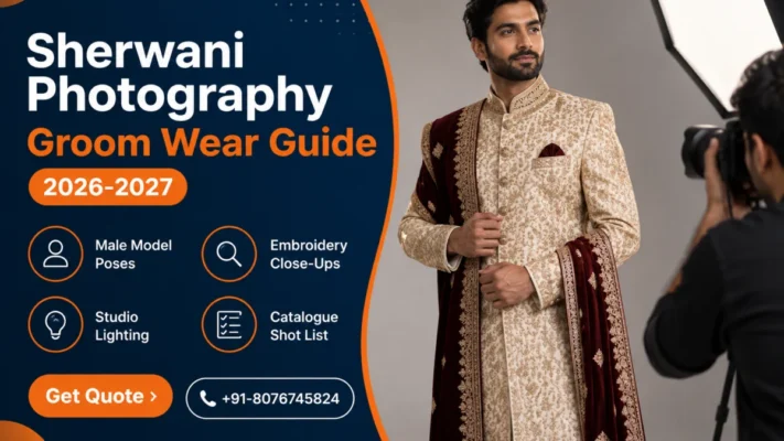 Sherwani photography banner showing an Indian male model in an ivory and gold embroidered sherwani with a maroon velvet stole posing beside an octabox while a photographer shoots, with a navy panel listing male model poses, embroidery close-ups, studio lighting and catalogue shot list